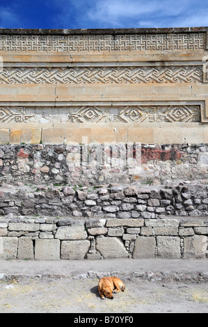 Reliefs und geometrischen Mustern in El Palacio Mitla Ruinen, Mexiko Stockfoto