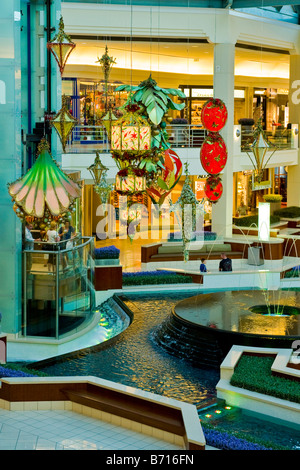 Gärten, Shopping-Mall oder Weihnachten Dekorationen im zentralen Bereich von Panorama-Aufzug & Brunnen-center Stockfoto