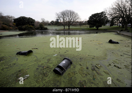 Mülltonnen, die von Vandalen in Queens Park Pond Brighton geworfen wurden, sind im Eis gefangen Stockfoto