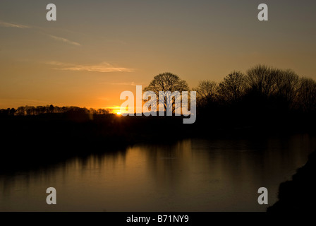 Bäume, die Silhouette gegen einen Winter Sonnenuntergang auf einem Kanalufer. Stockfoto