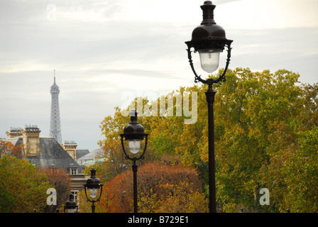 Straße in Paris Frankreich mit Lichtmasten an trüben Herbsttag Stockfoto