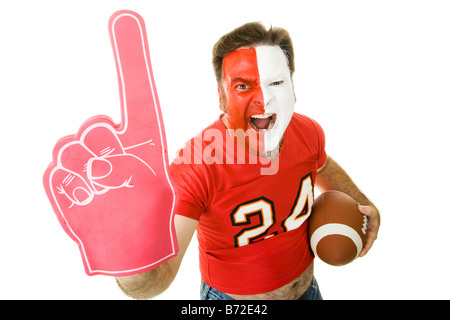 Fußball-Fan-Geschrei und winkte einen Nummer eins-Schaum Finger isoliert auf weiß Stockfoto
