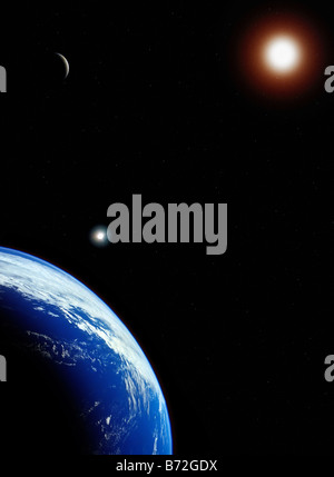 Erde-Mond Sterne Sonne Raum Sonnensystem Planeten Schwarz Licht Gott Verfahrweg Stockfoto