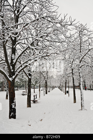 Bäumen und Bänken bedeckt Schnee im Retiro Park in Madrid Stockfoto