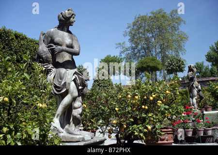 Statuen in den historischen Gärten des Palazzo Pfanner Lucca Toskana Italien Stockfoto