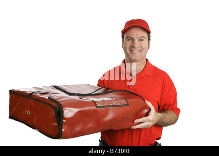 Ein Pizzamann mit einer thermischen Pizza-Lieferung-Tasche, in der Hitze isoliert auf weiß zu halten Stockfoto