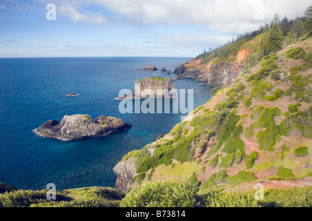 An einem sonnigen Wintertag blickt man von der zerklüfteten Küste der Norfolk Island auf die Kathedrale, den Elefanten- und Vogelfelsen, Norfolk Island, Australien Stockfoto