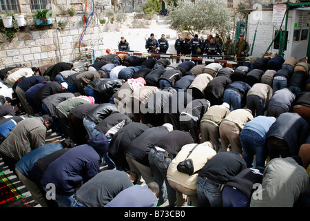 Palästinensische Muslime beten vor israelische Polizei in der Altstadt von Jerusalem. Stockfoto