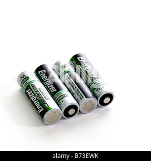 Ein Satz von vier Energizer Marke mit hoher Kapazität 2500 mAh AA-Akkus. USA. Ausschnitt aus. Stockfoto