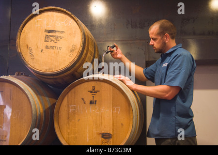 Assistent-Brauer Tim Maddox prüft Bier Alterung in Fässern aus Eiche Bourbon Hollister Brewing Company Goleta California Stockfoto