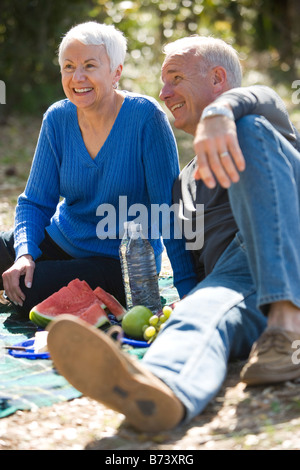 Älteres Paar mit Picknick im Park, Lächeln Stockfoto