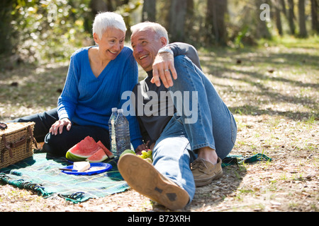 Älteres Paar mit Picknick im Park, Lächeln Stockfoto