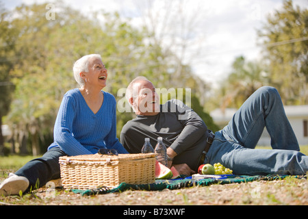 Älteres Paar mit Picknick im Park, Lächeln Stockfoto
