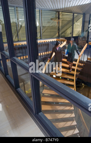 Zwei junge asiatische Büroangestellte sprechen und Treppen Stockfoto