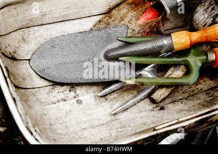 Gartenwerkzeuge in Trug unter anderem eine Kelle, eine Gabel und ein Pflanzholz Stockfoto