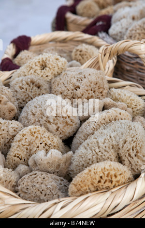 Körbe aus natürlichem Tiefsee, Schwämme zum Verkauf in Zypern. Mediterrane Seidenmeerschwämme, die nur im Mittelmeer und in der Ägäis beheimatet sind. Stockfoto