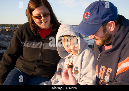 Familie Blick auf eine grüne Krabbe im Odiorne Point State Park in der Nähe der Küste Science Center am Roggen New Hampshire USA Stockfoto