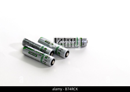 Ein Satz von vier von vier Energizer Marke mit hoher Kapazität 2500 mAh AA-Akkus. USA. Ausschnitt aus. Stockfoto