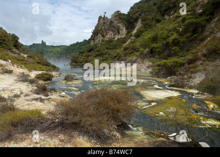 Cathedral Rocks und Waimangu Geysir im Waimangu Volcanic Valley in der Nähe von Rotorua, Neuseeland Stockfoto