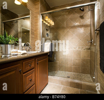 Elegantes Badezimmer mit großen gefliesten Dusche Stockfoto
