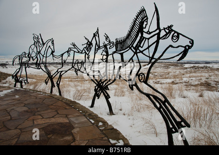 Bronze-Ablaufverfolgung Skulpturen von Kriegern, Indian Memorial, Little Bighorn Battlefield National Monument, Crow Agency, Montana. Stockfoto