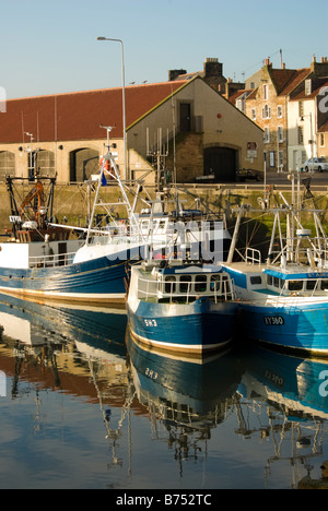 3 Angelboote/Fischerboote in den Hafen in Pittenweem East Neuk Fife Schottland Großbritannien Europa spiegelt sich im Wasser Stockfoto