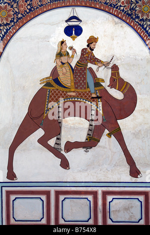 Kamel Fahrer Wandmalerei oder Fresko im Anandilal Poddar Haveli oder Kaufleute House in Fürstenstaates Stockfoto