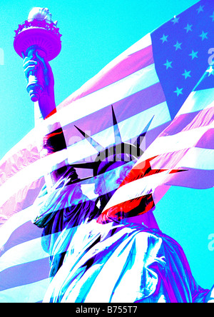 Statue der Freiheit und amerikanische Flagge montage Stockfoto