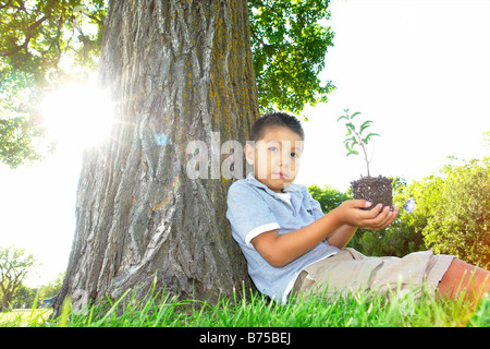 Sechs Jahre alte junge hält Kleinbaum, setzte neben Großbaum, Winnipeg, Kanada Stockfoto