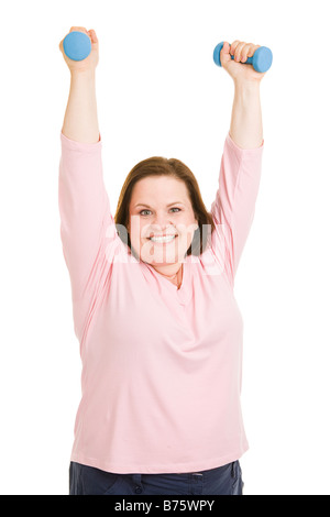 Schöne plus Größe Modell genießt trainieren mit freien Gewichten isoliert auf weiß Stockfoto