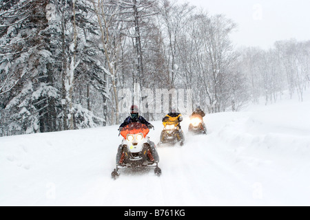 Schnee Mobiling auf den Trails rund um Kamichama in Niseko, Japan Stockfoto