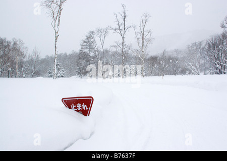 Ein Stop-Schild, fast verdeckt durch tiefen Schnee in Niseko, Japan Stockfoto