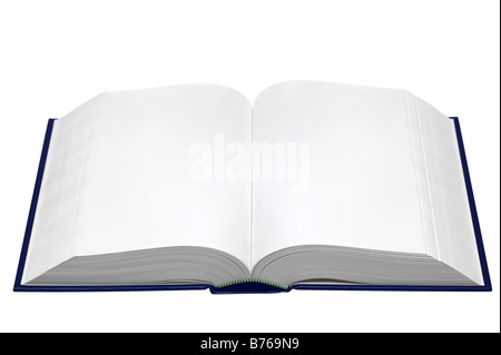 Ein Hardcover-Buch mit leeren Seiten isoliert auf einem weißen Hintergrund geöffnet Stockfoto