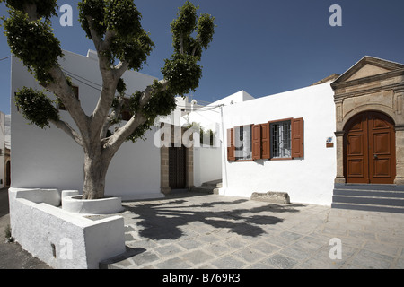Weißes Haus und Baum in Lindos Rhodos Griechenland Stockfoto