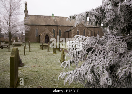 Hoare Frost deckt die Gras- und Baum Zweige der St Giles Kirchhof im historischen Dorf von Bowes, England. Stockfoto