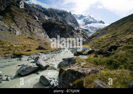 Der Rob Roy Gletscher Stream, Mount Aspiring Nationalpark, Südinsel, Neuseeland Stockfoto