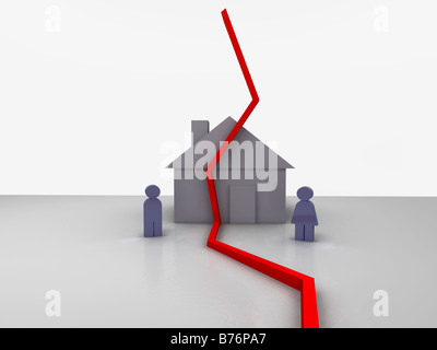 Abbildung ein paar stand vor einem Haus werden sie durch eine rote Linie zeigt an, dass sie geschieden getrennt Stockfoto