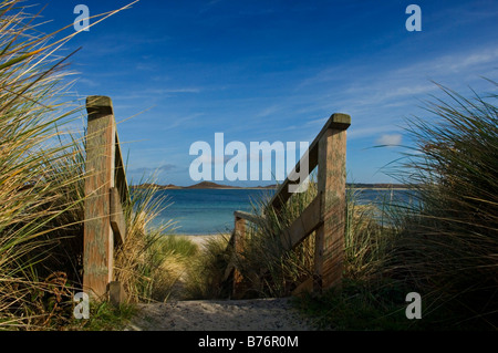 Hölzerne Stufen führen hinunter zu einem Strand in der Nähe von Blockhaus-Punkt. Tresco, Isles of Scilly, Cornwall, England, UK Stockfoto