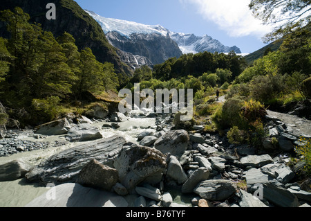 Der Rob Roy Gletscher und Stream, Mount Aspiring Nationalpark, Südinsel, Neuseeland Stockfoto