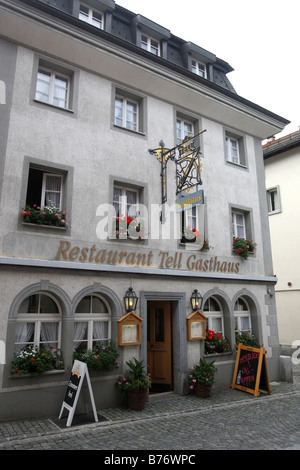 Das Restaurant sagen Guest House im Zentrum von der Stadt von Andermatt in der Schweiz. Stockfoto