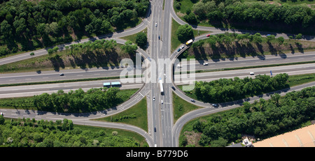 Luftaufnahme, Castrop zentrale Autobahn-Ausfahrt auf der A42, Castrop-Rauxel, Ruhr Gebiet, North Rhine-Westphalia, Deutschland, Europa Stockfoto