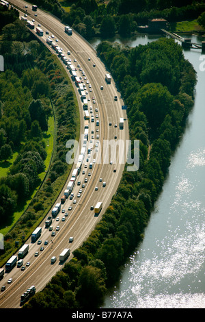 Luftbild, Staus auf der Autobahn A1, Hensteysee, Hagen Boele, Ruhrgebiet, Nordrhein-Westfalen, Deutschland, Europa Stockfoto