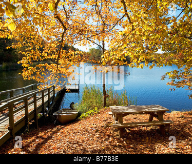 Picknick-Bank Herbstlaub in der Nähe von Dock und See Stockfoto