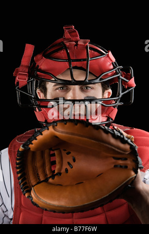 Nahaufnahme eines Baseball-Catcher Ohrschutz Stockfoto