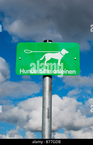 Schild Hunde Bitte Anleinen ragt in den Himmel Stockfoto