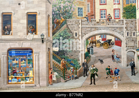 Auszug aus dem Bilderzyklus der Bürgerinnen und Bürger von Quebec, Fresque des Quebecois, auf Maison Soumande in der Nähe der Place Royale, designe Stockfoto