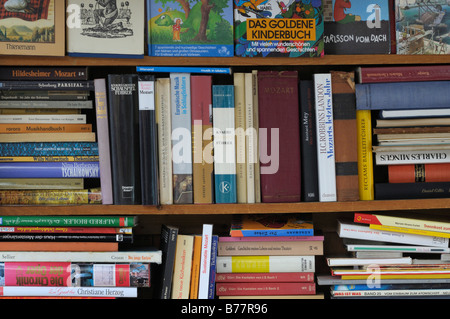 Volle Bücherregale, Antiquariat, verschiedene Themen Stockfoto