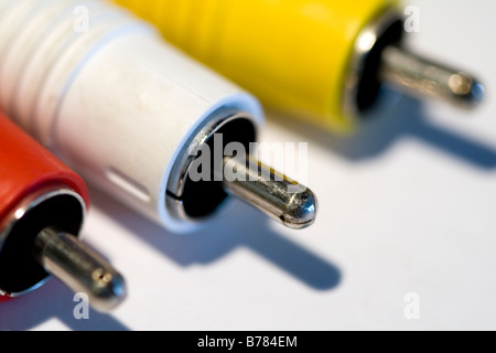 Drei Enden der ein Component-Kabel; rot, gelb und weiß. Stockfoto