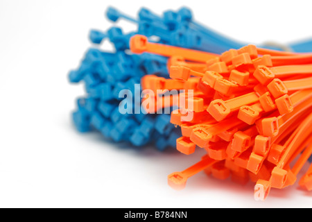 Kunststoff-Kabelbinder, Freisteller, Studio, weißer Hintergrund Stockfoto