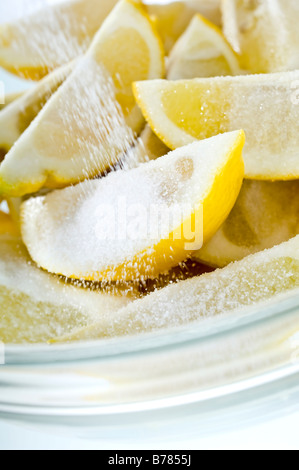 Viertel der Zitronen in Salz bestreut wird dann in Parfait Gläser abgefüllt und mit Zitronensaft aufgefüllt. In marokkanischen Gerichten verwendet. Stockfoto